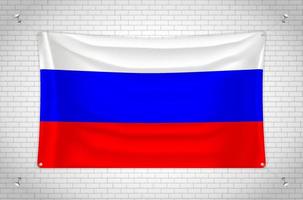 Russia flag hanging on brick wall. 3D drawing. Flag attached to the wall. Neatly drawing in groups on separate layers for easy editing. vector