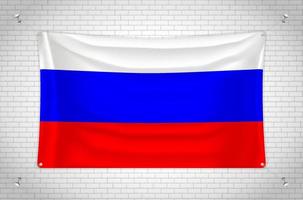 bandera de rusia colgada en la pared de ladrillo. dibujo 3d bandera pegada a la pared. dibujando cuidadosamente en grupos en capas separadas para facilitar la edición. vector