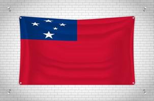 Samoa flag hanging on brick wall. 3D drawing. Flag attached to the wall. Neatly drawing in groups on separate layers for easy editing. vector