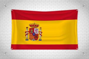 Spain flag hanging on brick wall. 3D drawing. Flag attached to the wall. Neatly drawing in groups on separate layers for easy editing. vector