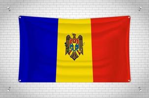 Moldova flag hanging on brick wall. 3D drawing. Flag attached to the wall. Neatly drawing in groups on separate layers for easy editing. vector