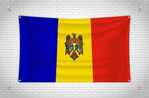 bandera de moldavia colgada en la pared de ladrillo. dibujo 3d bandera pegada a la pared. dibujar cuidadosamente en grupos en capas separadas para facilitar la edición. vector