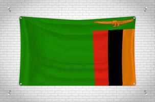 Zambia flag hanging on brick wall. 3D drawing. Flag attached to the wall. Neatly drawing in groups on separate layers for easy editing. vector