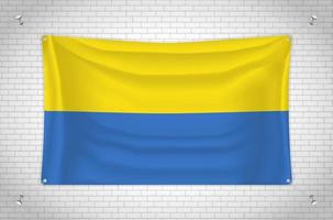 Ukraine flag hanging on brick wall. 3D drawing. Flag attached to the wall. Neatly drawing in groups on separate layers for easy editing. vector