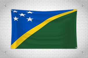 Solomon Islands flag hanging on brick wall. 3D drawing. Flag attached to the wall. Neatly drawing in groups on separate layers for easy editing. vector