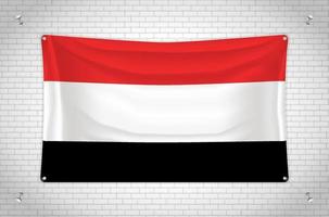 Yemen flag hanging on brick wall. 3D drawing. Flag attached to the wall. Neatly drawing in groups on separate layers for easy editing. vector