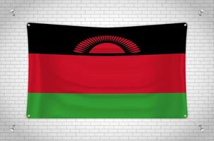 Malawi flag hanging on brick wall. 3D drawing. Flag attached to the wall. Neatly drawing in groups on separate layers for easy editing. vector