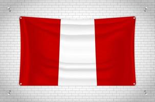 Peru flag hanging on brick wall. 3D drawing. Flag attached to the wall. Neatly drawing in groups on separate layers for easy editing. vector