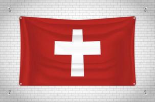 Switzerland flag hanging on brick wall. 3D drawing. Flag attached to the wall. Neatly drawing in groups on separate layers for easy editing. vector
