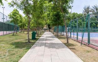 Small brick pathway beside the tennis court. photo