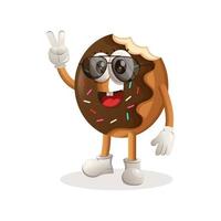 Donut mascot design with peace hand, wearing sunglasses. vector