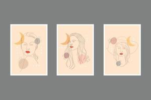 set of three abstract women potrait wall art collection vector