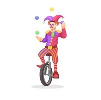 payaso haciendo malabares con la pelota mientras monta un monociclo una bicicleta con ruedas ilustración vectorial de dibujos animados vector