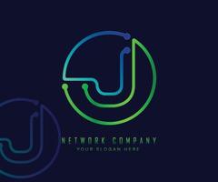 Letter J in circle with network, technology and connection dot concept vector