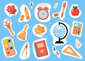 Vector flat illustration of school and education workplace items.  School supplies. Stationery set. Back to school. Supplies for office and education. Equipment for teachers and children.