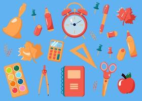 Vector flat illustration of school and education workplace items.  School supplies. Stationery set. Back to school. Supplies for office and education. Equipment for teachers and children.