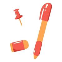 conjunto de artículos de papelería coloridos: botón, borrador, bolígrafo, lápiz. útiles escolares y de trabajo. estilo plano aislado sobre fondo blanco. vector