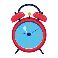 Vector illustration of red alarm clock, isolated on the white background. Retro alarm clock with a hammer, flat style. Time to wake up for school and work. Ringing alarm clock. Morning.Symbol of time.