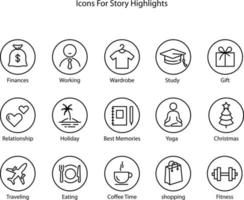 Highlights Line Icon Set. Highlights for Lifestyle, Travel and Beauty Bloggers, Photographers and Designers. Stories Covers Contain wardrobe, Finance, Education, Fitness topics, shopping, holidays. vector