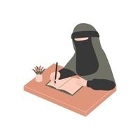 muslimah niqabis con estudio de pluma y libro vector