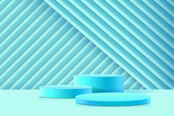 Abstract 3D cylinder pedestal podium with blue geometric cube platform. Light minimal wall scene. Modern vector rendering for product presentation.