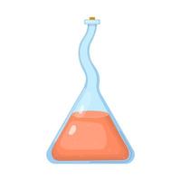 Magic potion in bottle with beige liquid isolated on white background. Chemical or alchemy elixir. Vector illustration for any design.