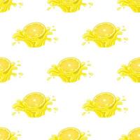 Seamless pattern with fresh bright lemon juice splash burst isolated on white background. Summer fruit juice. Cartoon style. Vector illustration for any design.