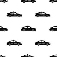 Seamless pattern with taxi car on white background. Transportation concept. Black silhouette of taxi. Vector illustration for design, web, wrapping paper, fabric