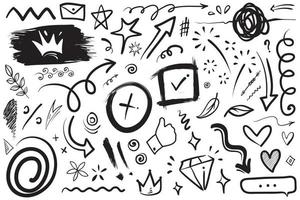 Hand drawn set elements, Abstract arrows, ribbons, hearts, stars, crowns and other elements in a hand drawn style for concept designs. Scribble illustration. Vector illustration.