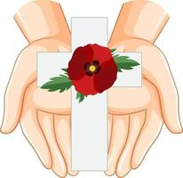 Poppy flowers on cross gravestone for remembrance day icon vector