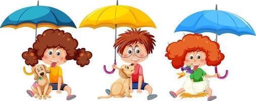 Three kids holding umbrella on white background vector