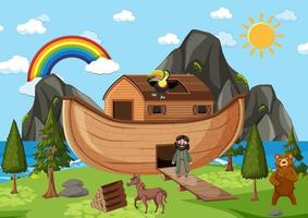 arca de noé con animales salvajes en la escena de la naturaleza vector