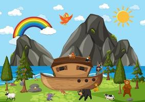 Noah's Ark with wild animals in nature scene vector