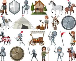 Medieval cartoon characters and objects vector