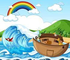 Noah's Ark with wild animals in nature scene vector