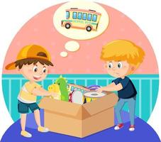 Boys looking for school bus toy in the box vector