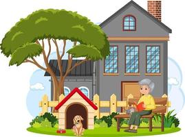 Grandmother reading book in front of house vector