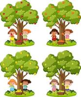 Set of kids playing under the trees vector