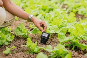 el primer plano de la mano del agricultor utiliza el medidor de ph del suelo para comprobar el valor de ph de la granja de viveros de plantas orgánicas. concepto de tecnología agrícola. foto