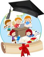 Mortarboard hat with students doing homework vector