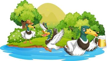 Happy duck group in nature scene vector