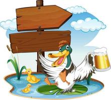 Happy duck drinking beer vector