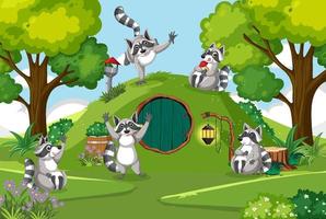 Hobbit house with raccoon family vector