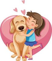 A girl playing with her dog on heart background vector