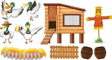 Farm objects set with wild ducks cartoon vector