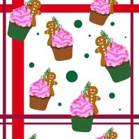 striped pattern cupcakes with whipped cream, pink cream and gingerbread in the shape of man with sprig of rosemary.  Gingerbread day, cupcake day. Sweet dessert. For packaging, packaging, menu, blog. vector