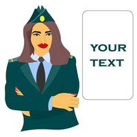 female tax inspector in uniform, taxes in business. The idea of compliance with the law, rules, accounting and payment. Financial bill, control of tax reporting. banner for your text. vector