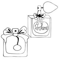 set of different perfume bottles in the style of doodles, drawn by hand in ink on a white background. Cosmetics, perfumes, fashion. vector