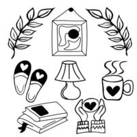 set of vector doodles. Cozy house, household items - slippers, coffee in hand, lamp, books and painting. Stay at home.