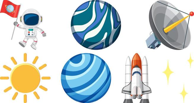 conjunto de objetos y personajes de dibujos animados espaciales vector